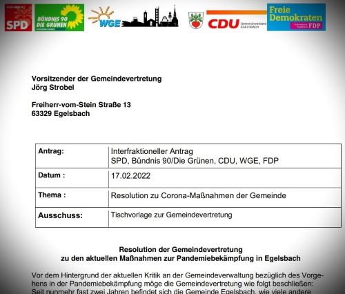 Dokument mit dem Titel "Interfraktioneller Antrag" und in der Kopfzeile die Logos der Egelsbacher Parteien SPD, Grüne, WGE, CDU und FDP