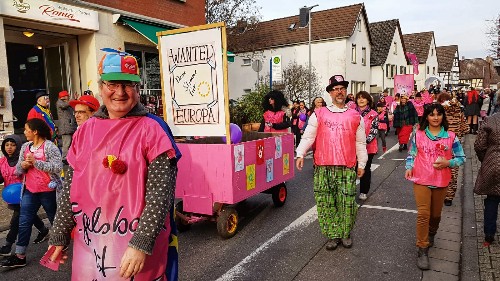 Narren von #EgelsbachIstMehr in pinken Laibchen und Kostümen beim Umzug